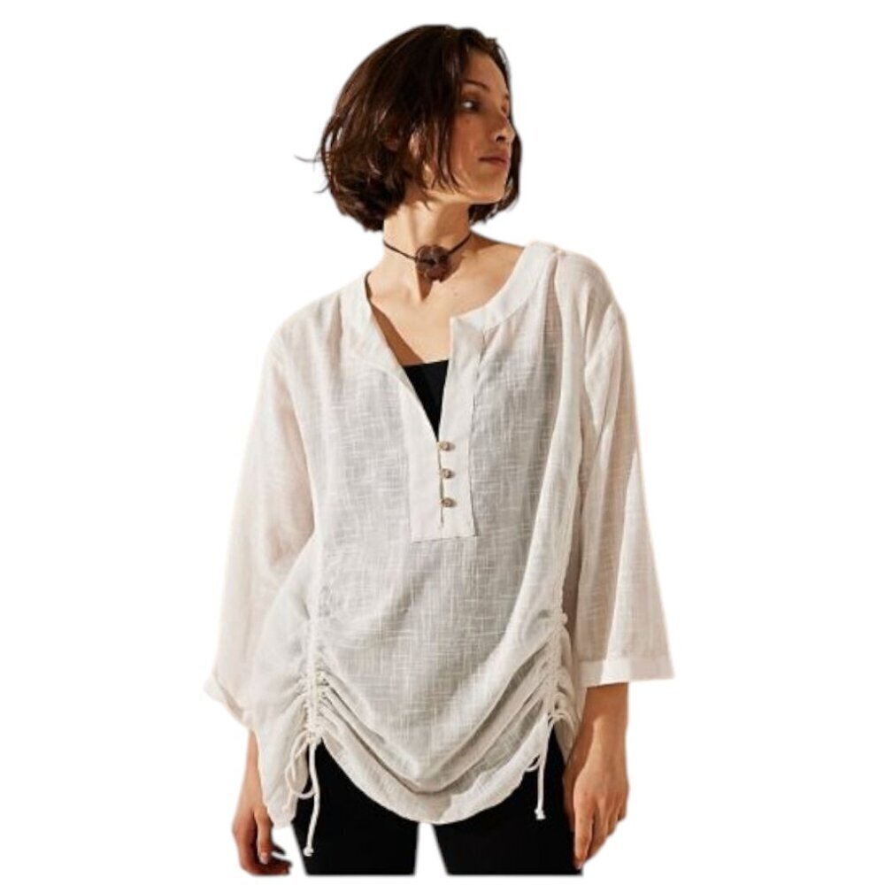 Free people Never Too Much Tunic White V Neck Buttons Long Sleeve Oversized XS